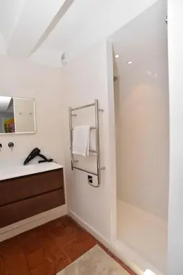 a bathroom with a shower and a sink and a mirror at L'Atelier Appartement au cœur du vignoble in Rognes