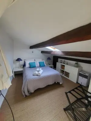 a bedroom with a large bed with blue pillows at Appartement au Cœur de la Sorgue in LʼIsle-sur-la-Sorgue
