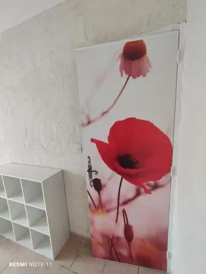 a room with a door with a red flower on it at Chambre d hôtes en Provence, au pied du Luberon, les Coquelicots in La Tour-dʼAigues