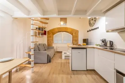 a kitchen and a living room with a couch at Studio Cardeurs in Aix-en-Provence