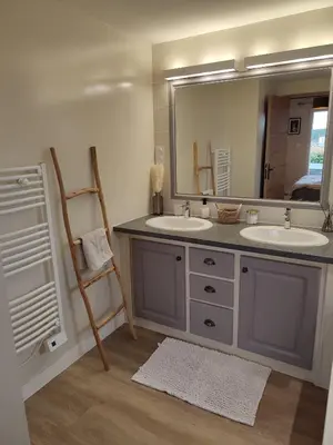 a bathroom with two sinks and a large mirror at Chambre d'hôtes avec Jacuzzi Ventoux Cocoon in Bédoin