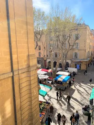 a group of people walking around an outdoor market at Studio Mezzanine Mairie in Aix-en-Provence