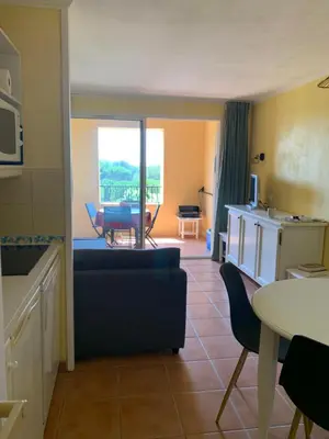 a living room with a couch and a table at Appartement domaine du golf Pont Royal Provence avec PARC AQUATIQUE in Mallemort