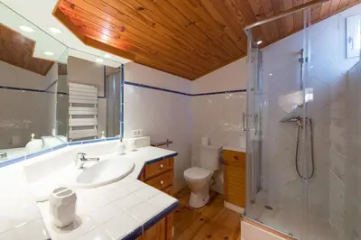 a bathroom with a shower and a sink and a toilet at Le Mas du Miel d'Or, 12 pers, au coeur du Luberon, air-conditionné, piscine, propriété de 5000 m2 in Villars