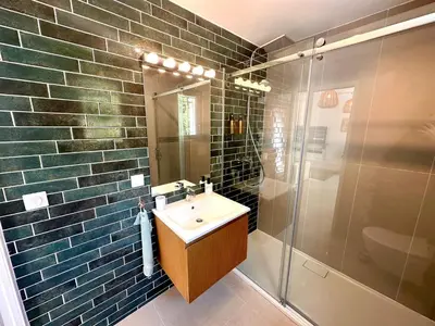 a bathroom with a sink and a shower at Paisible studio tout neuf en lisière de forêt in Peyrolles-en-Provence