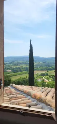 a view from a window of a building with a tree at Cafe de france in Lacoste