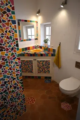 a bathroom with a mosaic sink and a toilet at Maison Porte Heureuse in Roussillon