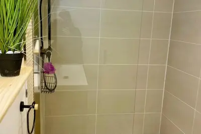 a bathroom with a shower with a tiled wall at Magnifique T3 rénové, 15min à pied CV, pkg privé in Aix-en-Provence