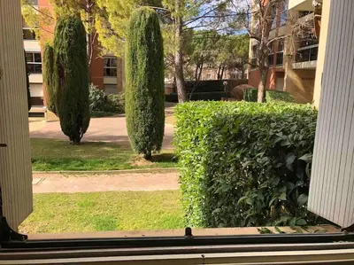 a window view of a yard with bushes and trees at Magnifique T3 rénové, 15min à pied CV, pkg privé in Aix-en-Provence