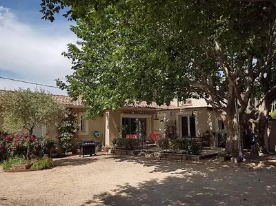 a house with a tree in front of it at Le Mas des Cigales avec parc et grande piscine in Velleron