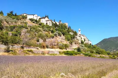 a village on a hill with a church on it at Location provence ventoux sault in Sault-de-Vaucluse