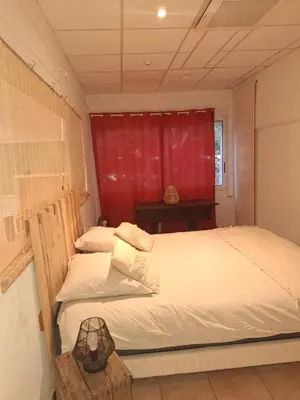 two beds in a room with a red curtain at Appartement Velleron-4 personnes in Velleron