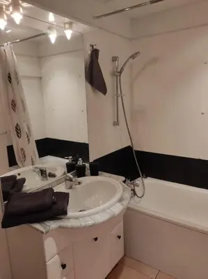 a bathroom with a sink and a tub and a mirror at Appartement Velleron-4 personnes in Velleron