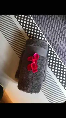 a black vase with red flowers on top of a bed at Gîte de charme La Manola in Rognes