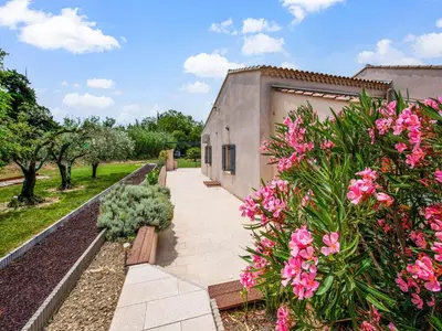 a garden with pink flowers and a building at Holiday Home in Vaucluse near Mont Ventoux in Pernes-les-Fontaines
