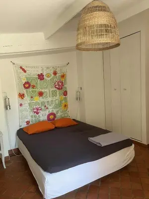 a bedroom with a large bed with a pillow on it at Agréable maison de 65 m2 avec grande piscine in Aix-en-Provence
