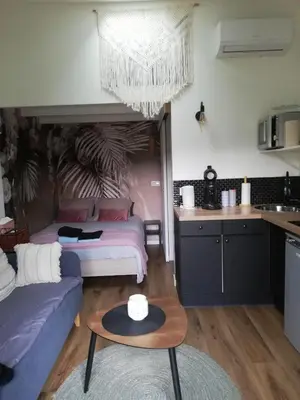 a living room with two beds and a table at Petit cocon avec terrasse in LʼIsle-sur-la-Sorgue