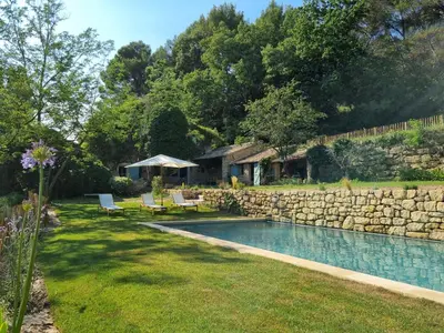 a backyard with a swimming pool and a stone wall at Magnifique Mas Provençal in Lauris