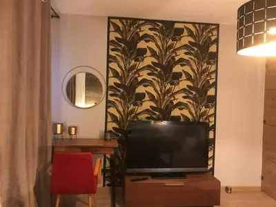 a living room with a tv and a wall with a plant at Chambres d'hôtes La Manola in Rognes