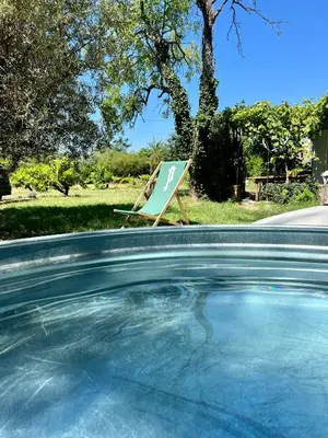 a swimming pool with a chair in a yard at Le Cabanon de Léandre in Meyrargues