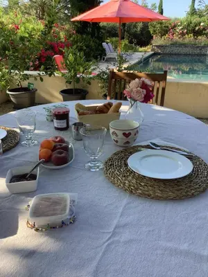 a table with plates of food and a bowl of fruit at La bastide de Cocagne in Rognes