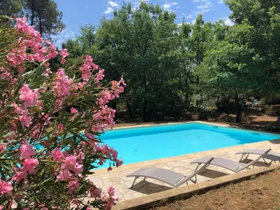a swimming pool with three lounge chairs and pink flowers at Le Clos des Cigales in Roussillon