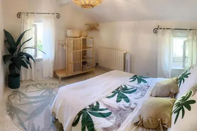 a bedroom with a bed and a potted plant at Mas de Peyre in Le Beaucet