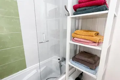 a bathroom with a shower and towels on a shelf at Maison en Provence - Les Bastidons du Ventoux in Aubignan