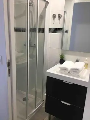 a bathroom with a shower and a sink with towels at Magnifique studio indépendant 35m2 proche du lac et au coeur du village in Peyrolles-en-Provence