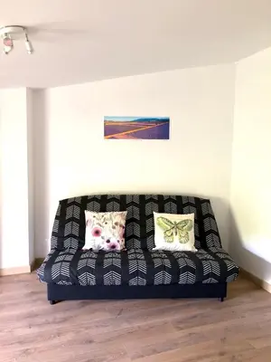 a black couch in a living room with two pillows at Logement neuf et climatisé, au coeur du village in Saint-Didier