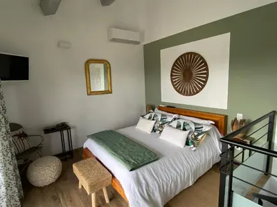a bedroom with a bed and a mirror on the wall at Maison avec ses 2 terrasses et sa piscine in Eyragues