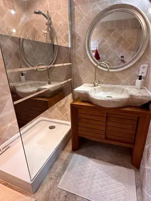 a bathroom with a shower and a sink and a mirror at Beau Ciel in Châteauneuf-de-Gadagne