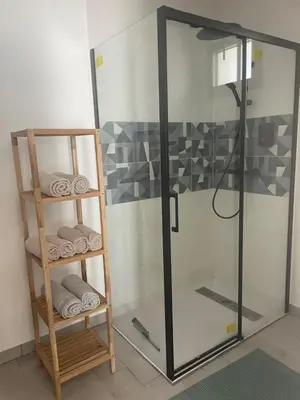 a bathroom with a shower and a sink and a mirror at Noyau & Pepin in Rognes