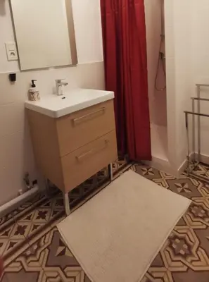a bathroom with a sink and a red shower curtain at Petit appart entier au cœur des REMPARTS - Netfix et connection fibre gratuits in Carpentras