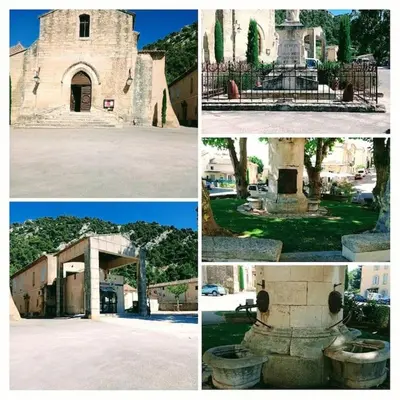 a group of four pictures of a building with a fountain at maison piscine privée Robion Luberon idéal famille in Robion en Luberon