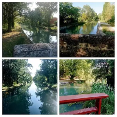 a collage of four pictures of a river with a red bench at maison piscine privée Robion Luberon idéal famille in Robion en Luberon