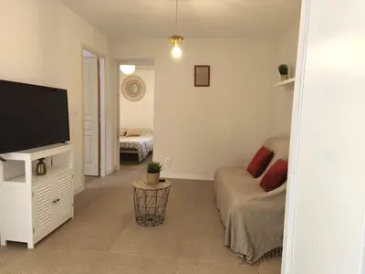 a living room with a couch and a flat screen tv at Appartement fontaine de Vaucluse in Fontaine-de-Vaucluse