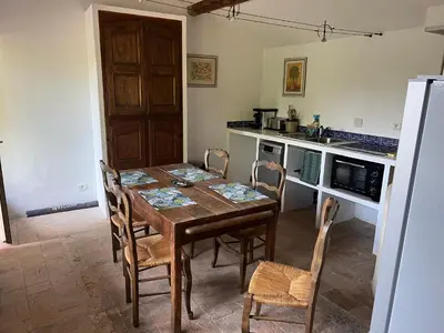 a kitchen with a wooden table with chairs and a counter at Mazet au pied des Alpilles, avec Piscine & Pétanque in Salon-de-Provence