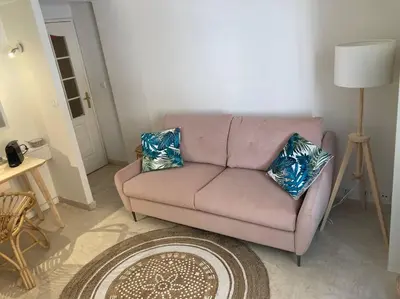 a living room with a pink couch with two blue pillows at Le Fernandol by La Familia in Aix-en-Provence