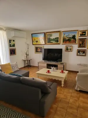 a living room with a couch and a tv at Maison T4, campagne Provençale calme, tout confort in Lambesc