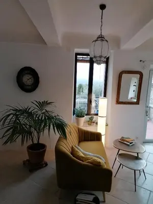 a living room with a couch and a potted plant at Chambre d'hôte in Crillon-le-Brave