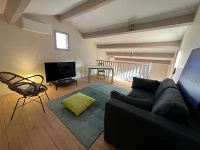 a living room with a black couch and a television at Proche Roussillon, La villa rouge Luberon, piscine chauffée, climatisation et vue Luberon in Gargas