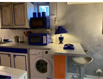 a kitchen with a washing machine and a lamp on a counter at Appartement de Luxe ,