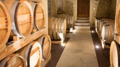 a row of wine barrels in a cellar at Château La Croix Des Pins in Mazan