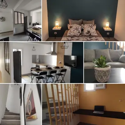 a collage of photos of a bedroom and a living room at Maison de village avec exterieur in Lambesc