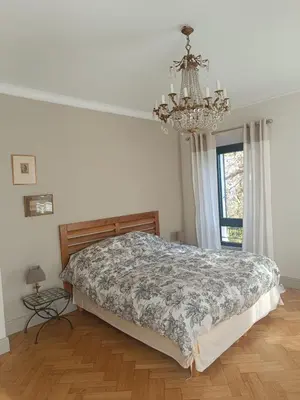 a bedroom with a bed and a chandelier at Le mas de l'Auzon in Carpentras