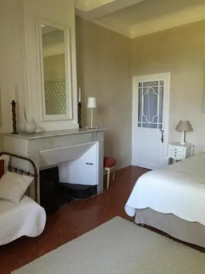 a bedroom with a fireplace and a bed and a mirror at Domaine la Carraire in Lauris