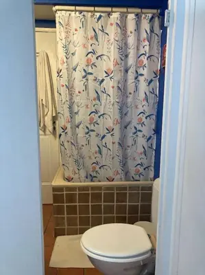 a bathroom with a toilet and a shower curtain at Le Cardinale - Un Voyage en Provence - 2 chambres avec parking in Aix-en-Provence