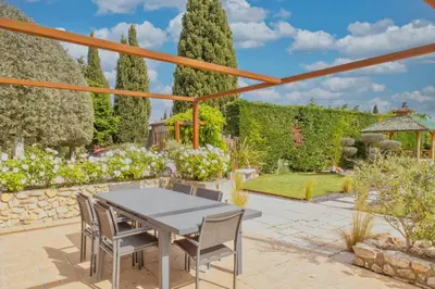 a patio with a table and chairs in a garden at Le Mas des Oliviers in Châteaurenard