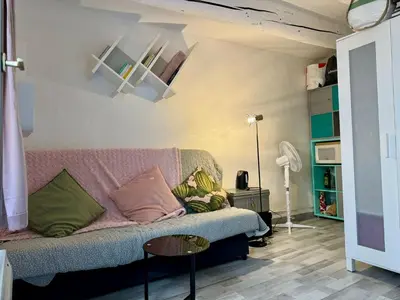 a living room with a couch and a table at Studio cosy hypercentre Aix in Aix-en-Provence